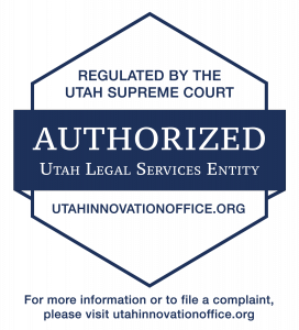 Blue six-sided badge with the words “Regulated by the Utah Supreme Court, AUTHORIZED Utah Legal Services Entity,  utahinnovationoffice.oorg”